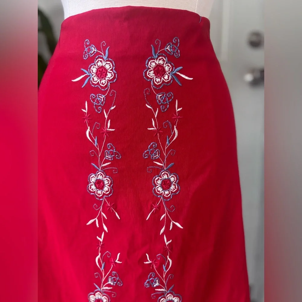 Poleci Embroidered Skirt Womens Sz 8 Vintage Stretch Red Made In USA 90s 80s